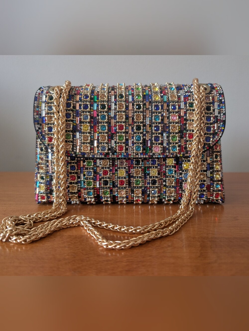 Amazon Multicolor Crystal Chain Crossbody Bag with Gold Chain